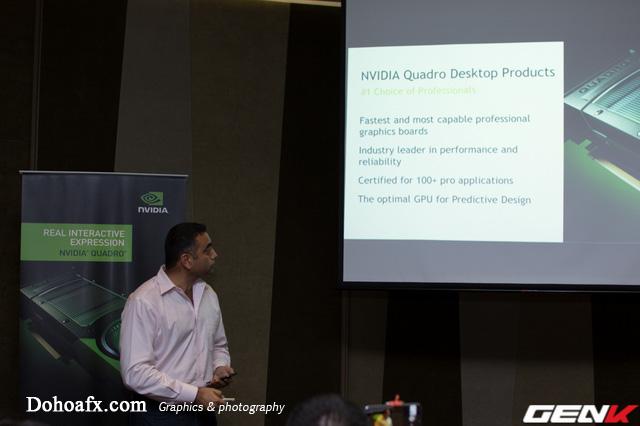  Ông Vishal Lulla, Giám đốc Quản lý sản phẩm mảng card đồ hoạ Quadro đang trình bày những điểm mạnh của card đồ hoạ Quadro cho máy bàn. 
