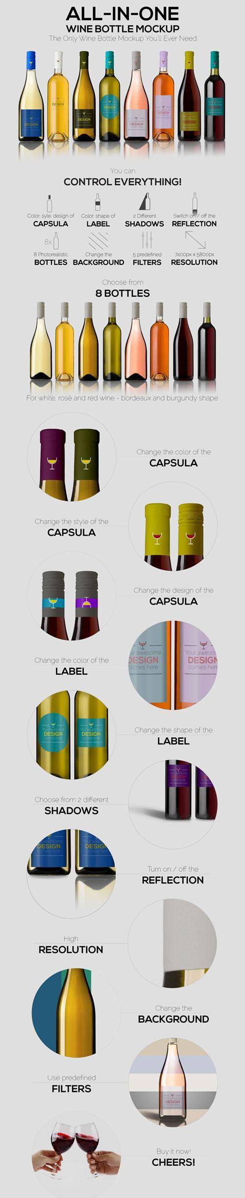 Bộ file PSD Mockup hình các chai rượu
