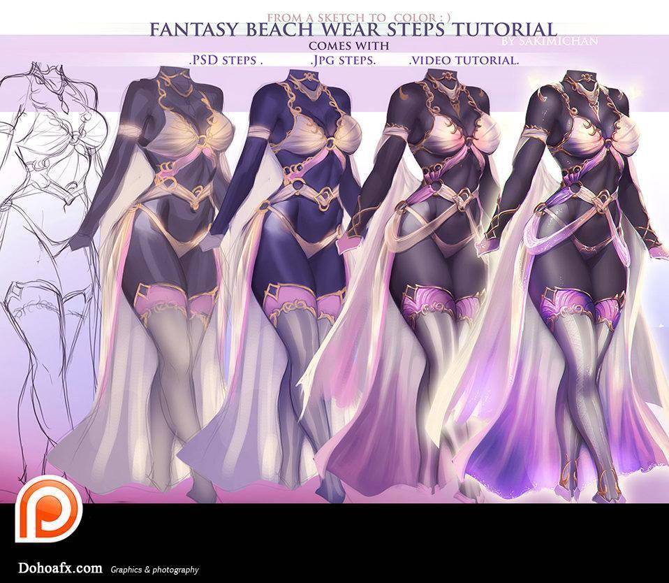 Fantasy Swim Wear Steps - học vẽ trang phục ấn tượng với sakimichan