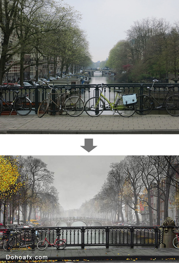 Ghép ảnh phối cảnh con kênh amsterdam bằng photoshop